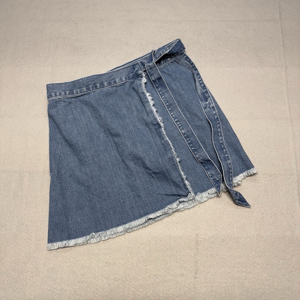 Madewell Wrap Denim Mini Skirt Size 00 Blue Tie Waist Raw Hem Casual Boho